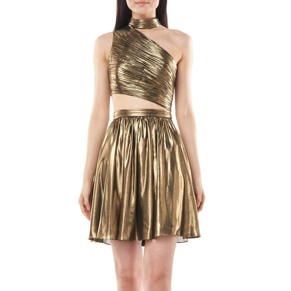 Theia Gold Metallic One-Shoulder Dress